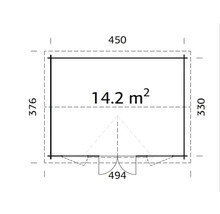 Plan d''un abri de jardin avec des dimensions de 450 x 376 x 330 cm et une surface de 14,2 mètres carrés.