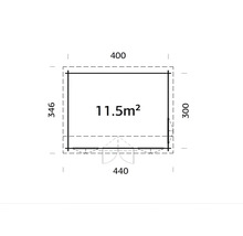 Plan d''un abri de jardin avec des dimensions de 400, 346, 300 et 440 centimètres et une surface de 11,5 mètres carrés.