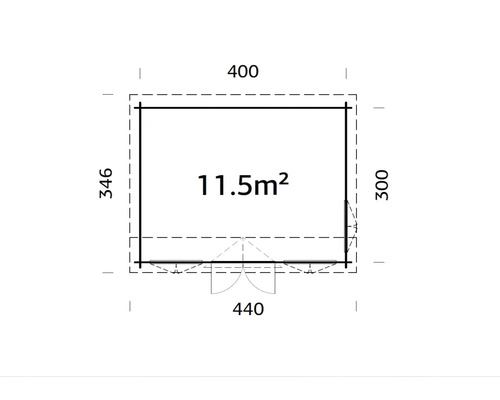 Plan d''un abri de jardin d''une superficie de 11.5 mètres carrés et mesurant 400 sur 346 centimètres.