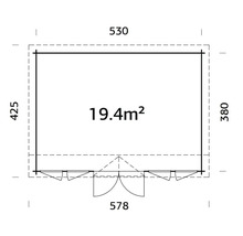 Plan d''un abri de jardin mesurant 530 sur 425 sur 380 centimètres et d''une surface de 19,4 mètres carrés