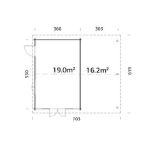Grundrisszeichnung eines Gartenhauses mit den Maßen 703 mal 619 Zentimeter und zwei Räumen von 19,0 und 16,2 Quadratmetern