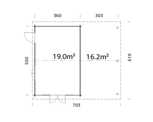 Grundrisszeichnung eines Gartenhauses mit Maßangaben
