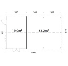 Grundriss eines Gartenhauses mit den Maßen 1006 x 619 Zentimeter und einer Fläche von 52,2 Quadratmetern