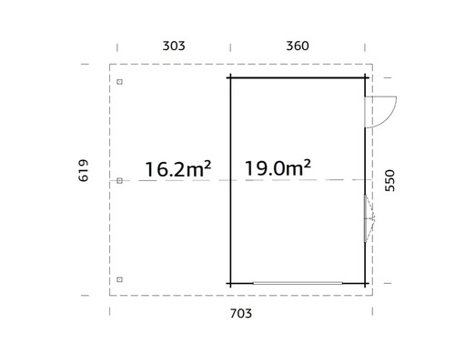 Grundriss eines Gartenhauses mit den Maßen 303 x 619 Zentimeter und 360 x 550 Zentimeter, was 16,2 Quadratmeter und 19,0 Quadratmeter entspricht.
