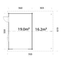 Grundrisszeichnung eines Gartenhauses mit Maßangaben