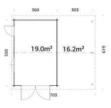 Grundrisszeichnung mit Abmessungen eines Gartenhauses