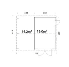 Grundrisszeichnung eines Gartenhauses mit Abmessungen