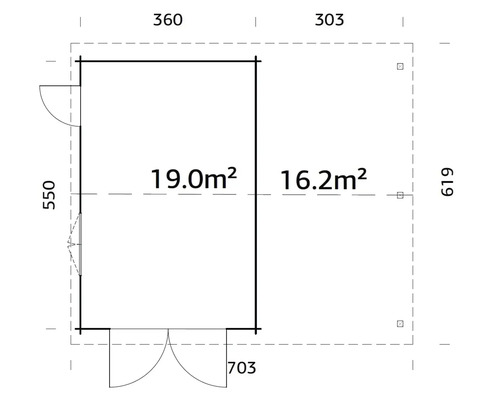 Grundriss eines Gartenhauses mit Maßangaben
