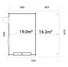 Grundrisszeichnung eines Gartenhauses mit Maßangaben zu Flächen und Abmessungen