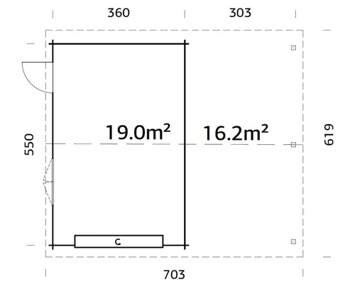 Plan d''un abri de jardin avec indication des surfaces et des dimensions