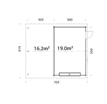 Grundrisszeichnung mit Maßen in Millimetern und Flächenangaben in Quadratmetern