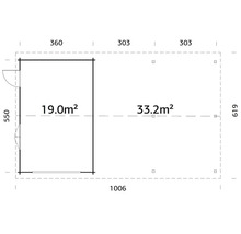 Grundriss eines Gartenhauses mit den Massen 1006 x 619 cm, Fläche 19,0 m² und 33,2 m²