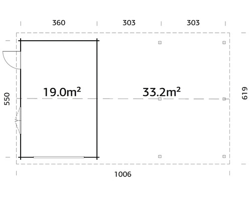 Plan d''un abri de jardin mesurant 1006 sur 619 centimètres