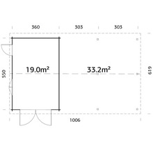 Grundriss eines Gartenhauses mit den Maßen 1006 x 619 cm und einer Fläche von 52,2 Quadratmetern.