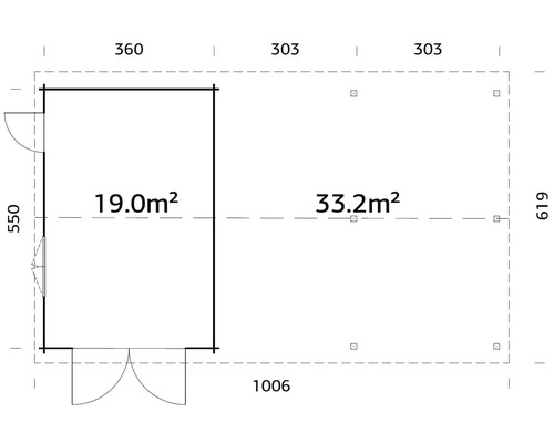 Plan d''un abri de jardin mesurant 1006 x 619 cm et d''une superficie de 52,2 mètres carrés.