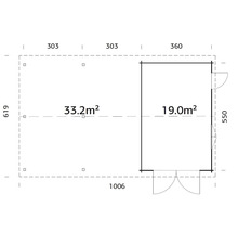 Grundriss eines Gartenhauses mit Abmessungen und Flaechenangaben