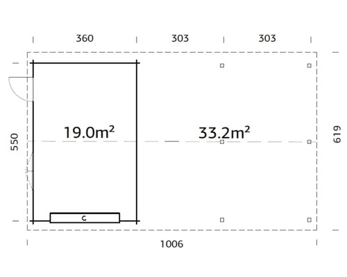 Plan d''un abri de jardin avec des dimensions de 1006 x 619 cm et une superficie de 52,2 mètres carrés