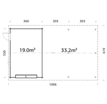Grundrisszeichnung eines Gartenhauses mit Abmessungen