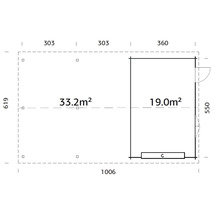 Grundrisszeichnung des Gartenhauses mit Maßangaben
