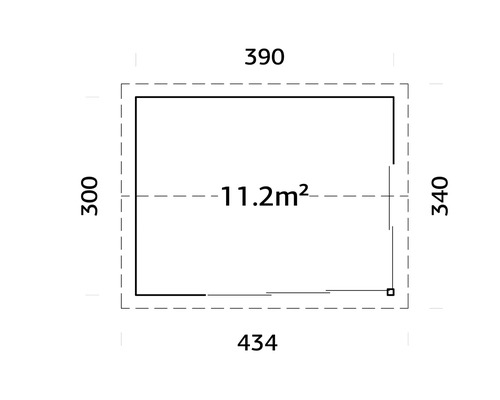 Grundriss mit den Maßen 390, 300, 434 und 340 sowie einer Fläche von 11,2 Quadratmetern