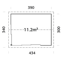 Plan avec les dimensions 390 x 340 x 300 x 434 et une surface de 11.2 mètres carrés.