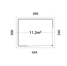 Plan avec indications de dimensions : 300, 340, 390 et 434, surface 11,2 m2