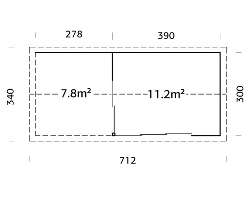 Grundriss eines Gartenhauses mit den Maßen 712 mal 340 Zentimeter und einer Fläche von 19 Quadratmetern