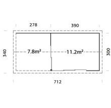 Plan d''un abri de jardin avec des dimensions de 712 x 340 centimètres, répartition des pièces et indication de la surface.