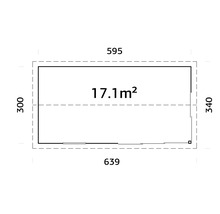 Plan avec les dimensions 595 par 300 et 639 par 340, superficie 17.1 mètres carrés