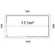 Plan avec dimensions : Surface de 17,1 mètres carrés, largeur de 595 centimètres et profondeur de 340 centimètres