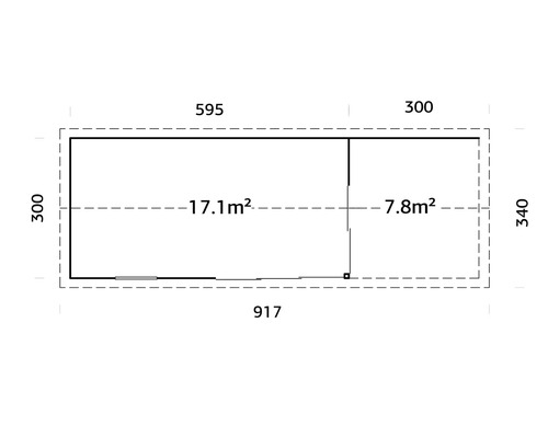 Grundrisszeichnung eines Gartenhauses mit den Maßen 917 mal 340 Zentimeter.