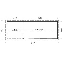 Plan d''un abri de jardin mesurant 917 sur 340 centimètres.