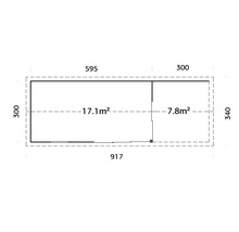 Grundrisszeichnung eines Gartenhauses mit Größenangaben