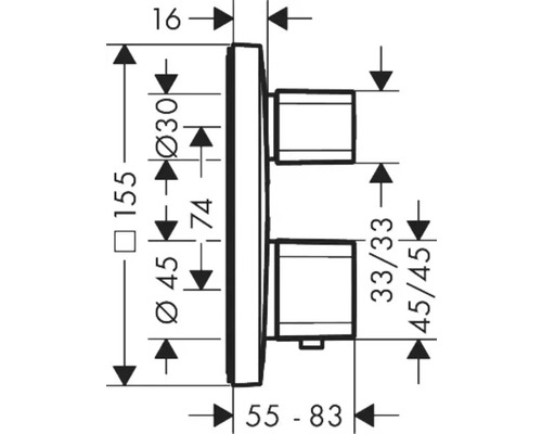 Dessin technique d''un thermostat de salle de bain avec indications de mesure