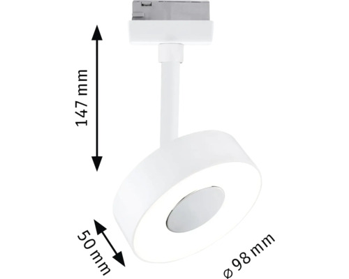 Abmessungen einer weißen Schienenleuchte: 147 mm Höhe, 50 mm Tiefe und 98 mm Durchmesser.