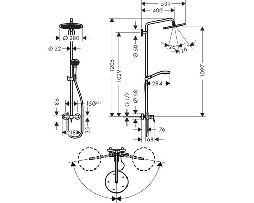 Schéma technique d''une robinetterie de douche avec indications de dimensions