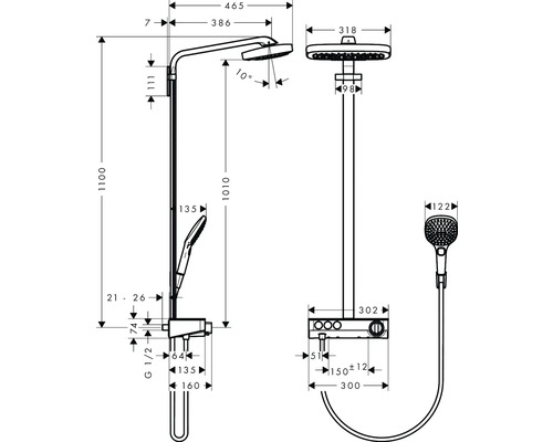Schéma technique d''un robinet de douche avec pomme de tête et douchette, avec dimensions