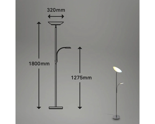 Skizze und Abbildung einer Stehlampe mit Leselampe und den Maßangaben 1800 mm, 1275 mm und 320 mm.