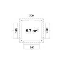 Plan avec dimensions : Surface de 8.3 mètres carrés, longueurs latérales de 300 et 340 centimètres