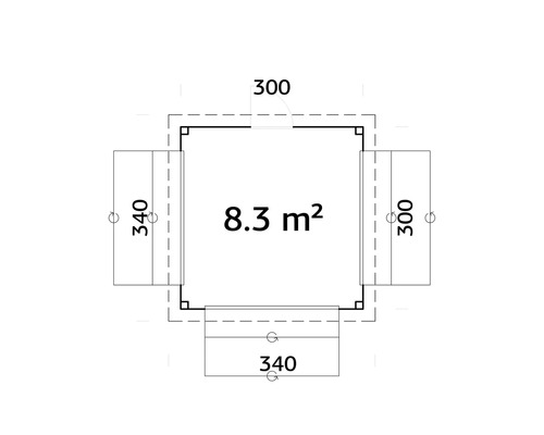 Plan avec dimensions : Surface de 8.3 mètres carrés, longueurs latérales de 300 et 340 centimètres