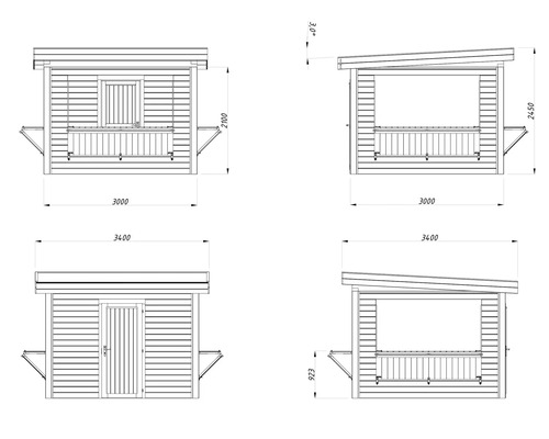 Schéma technique d''un abri de jardin en bois avec dimensions