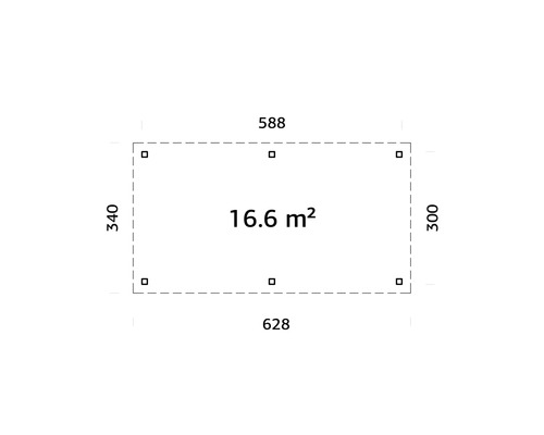 Grundriss mit Abmessungen und einer Fläche von 16,6 Quadratmetern.