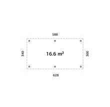 Plan avec dimensions : 628 x 340 centimètres et 588 x 300 centimètres, superficie 16,6 mètres carrés