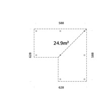 Plan d''un abri de jardin mesurant 588 x 628 cm et d''une superficie de 24,9 mètres carrés.
