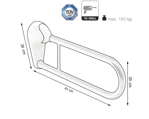 Barre d''appui d''une longueur de 61 cm, d''une hauteur de 26 cm et d''une profondeur de 20 cm, label TÜV Süd, montage par perçage, capacité de charge maximale de 120 kg