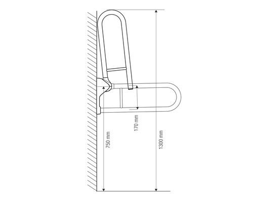 Dessin technique d''une barre d''appui rabattable avec indications de dimension