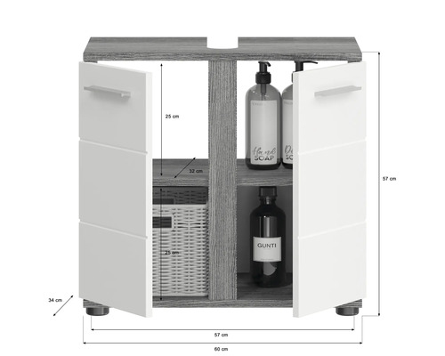 Meuble sous-lavabo avec deux portes ouvertes, étagères, panier et bouteilles
