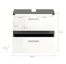 Meuble sous-lavabo avec deux tiroirs et dimensions.