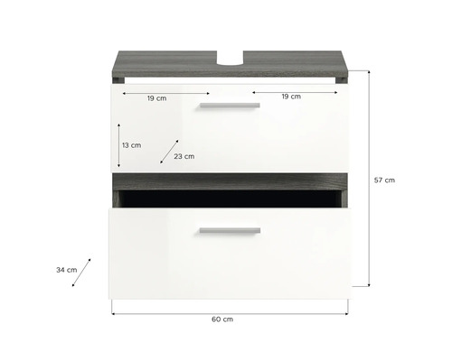 Meuble sous-lavabo avec deux tiroirs et dimensions.