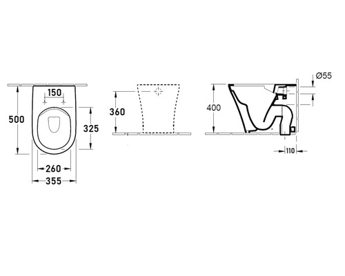Schéma technique d''un WC suspendu avec dimensions